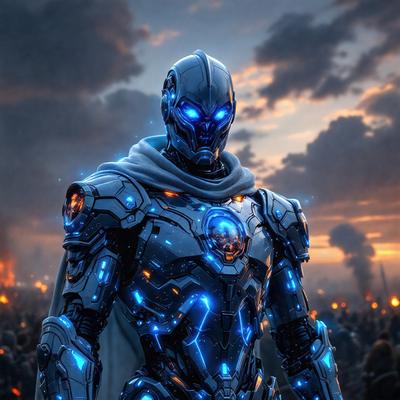 The primary subject of the image is a futuristic robot with blue and orange lights. The robot is standing in front of a crowd of people, who are all wearing blue clothing. The setting appears to be a battlefield, with a cloudy sky in the background. The visual style of the image is digital art, and the dominant colors are blue and orange. The overall atmosphere of the image is intense and dramatic.